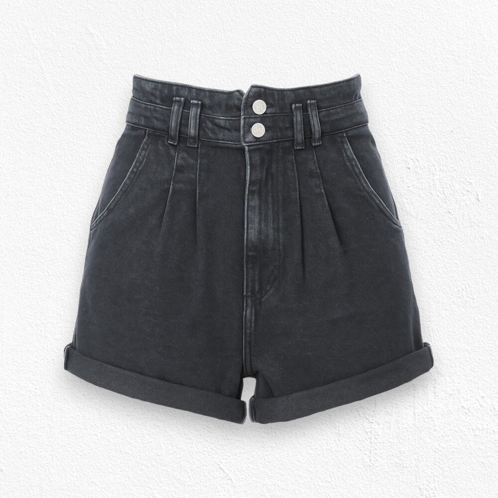 Zara Black High Rise Pleated Denim Shorts Rolled Hem Unique Mom Shorts Size 4